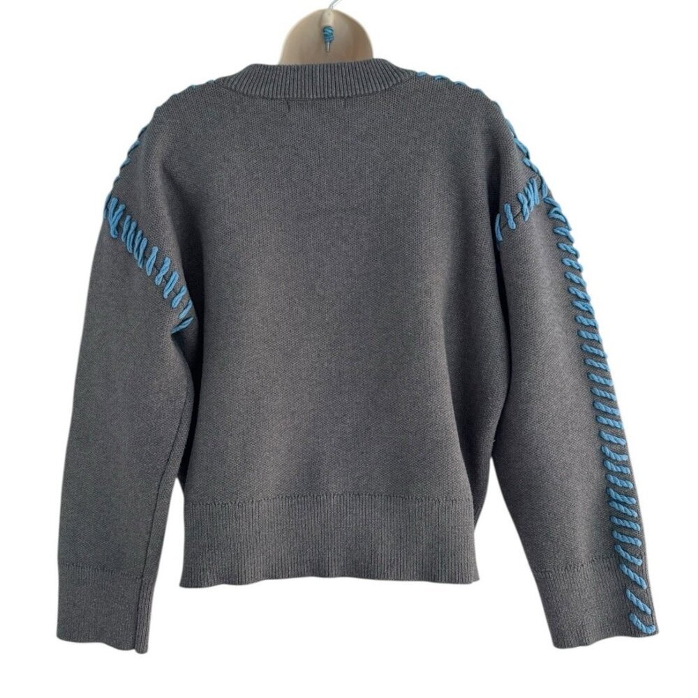English Factory Women's Sz S Whip Contrast Stitch Gray Blue Pullover Sweater - Picture 4 of 9